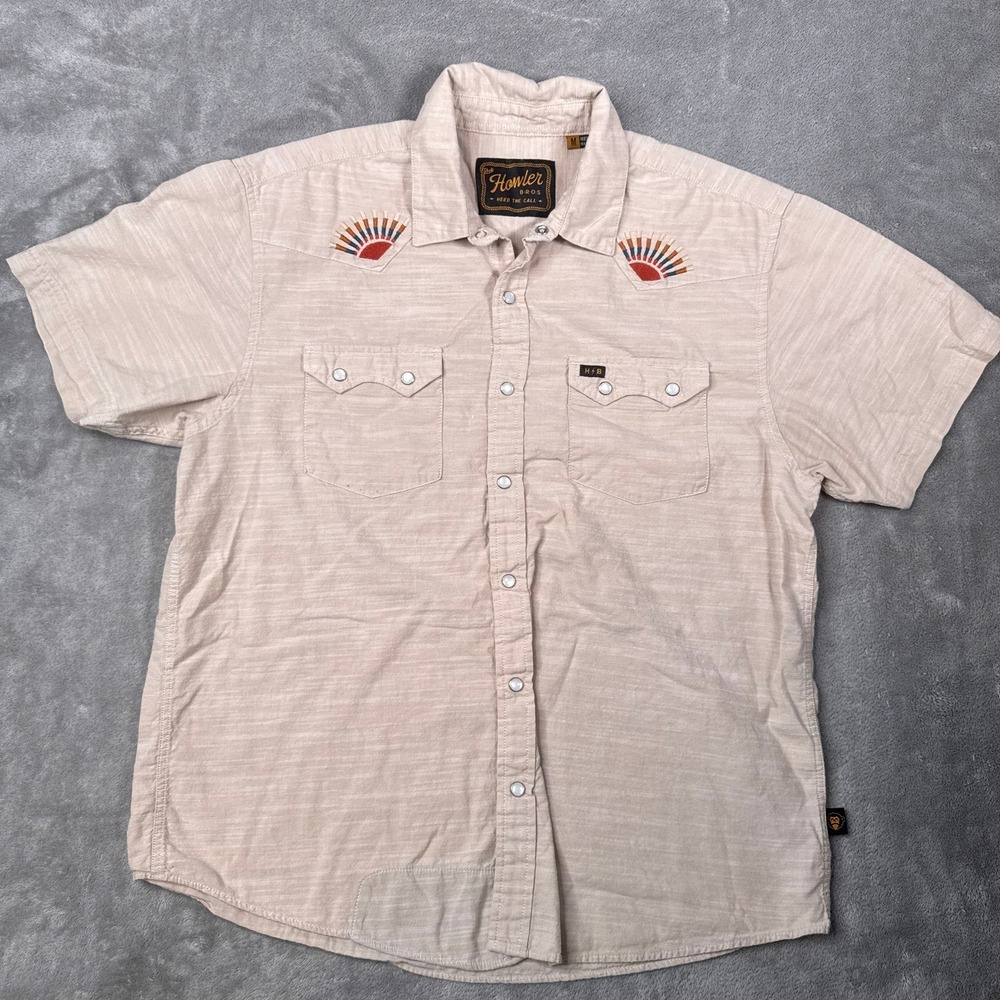 Howler Brothers Crosscut Felix Shirt Men Medium Beige Western Pearl Snap S/S